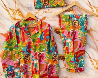 Kolorowy komplet piżamowy z bawełny dla kobiet | Bielizna nocna z nadrukiem ręcznym | Miękka odzież domowa