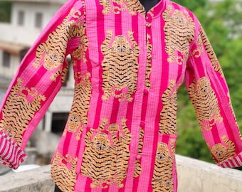 Floral Kantha Quilted Jacket, Reversible Bohemian Cotton Coat