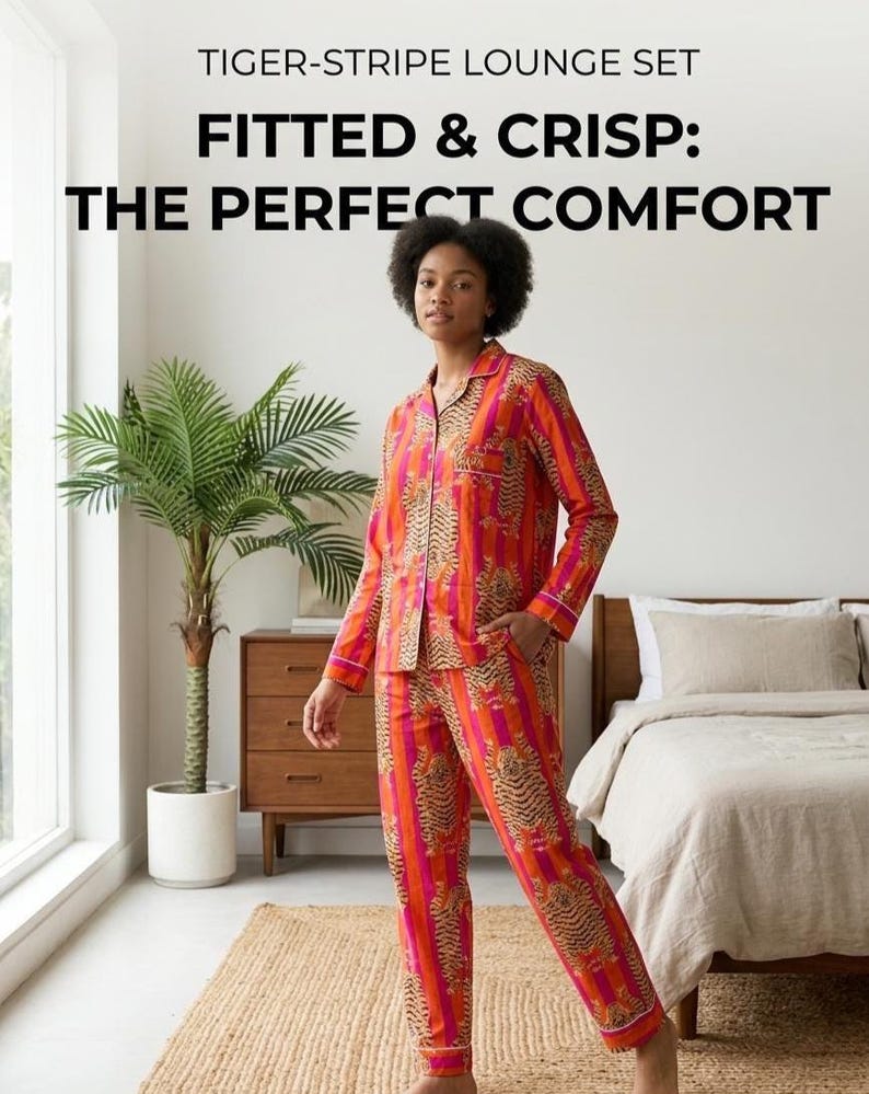 K&ouml;nnte beinhalten: Eine Frau tr&auml;gt ein Tigerstreifen-Loungeset. Das Set besteht aus einem Hemd mit Kn&ouml;pfen und einer Hose mit vertikalem Streifen- und Tigerprint-Design in Orange- und Rosat&ouml;nen. Der Text auf dem Bild lautet: "FITTED & CRISP: THE PERFECT COMFORT."