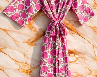Kimono-Robe aus Baumwolle mit Blockprint-Muster, Brautjungfer-Bademantel mit Blumenmuster, Sommernachtwäsche