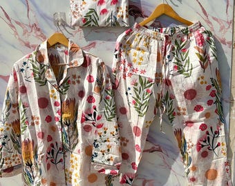 Floral Print Pajama Sets, Indian Cotton Pyjamas Set, Nightwear Pajama Set, Sleepwear Dress, Bohemian Clothing, Gifts For Her, Women Dress