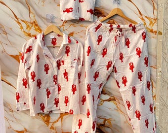 Komplet piżamowy z bawełny z nadrukiem w bloki homara | Indyjski muślin do noszenia w domu