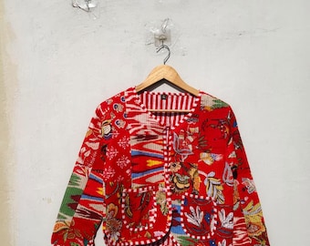 Handgemaakt gewatteerd katoenen patchwork jack, omkeerbare boho-jas