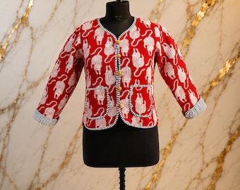 Handmade Cotton Quilted Jacket: Floral Print Boho Kimono