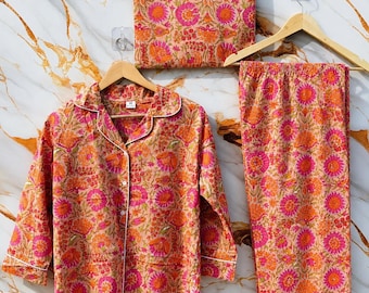 Conjunto de pijama floral de algodão para mulheres | Estampa feita à mão | Roupa de dormir macia e confortável com bolsa