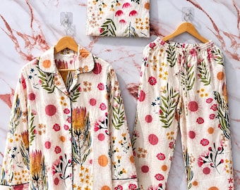 Conjuntos de pijama con estampado floral, conjunto de pijama de algodón indio, conjunto de pijama para dormir, vestido de dormir, ropa bohemia, regalos para ella, vestido de mujer
