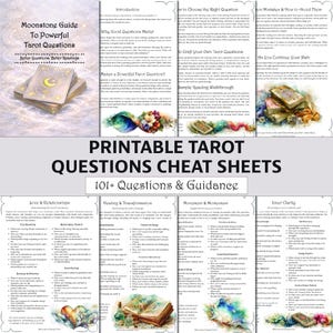 Könnte beinhalten: Ein druckbares Tarot-Fragen-Spickzettel mit über 101 Fragen und Anleitungen. Das Bild zeigt ein Buch mit dem Titel "Moonstone Guide To Powerful Tarot Questions" und mehrere Seiten mit Text und Illustrationen, einschließlich Abschnitten über Liebe, Heilung und innere Klarheit.