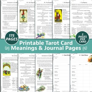 Betekenisgids tarotkaart en dagboek, afdrukbaar pdf-boek, direct downloaden, grote en kleine arcana-betekenissen, rechtop + omgekeerd, 2 pagina's / kaart
