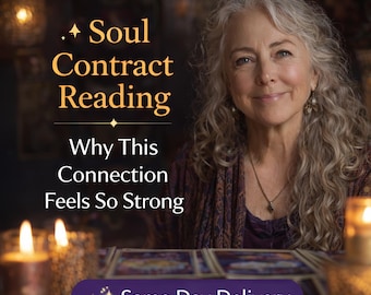 May include: An image featuring a woman with gray curly hair, smiling, with text that reads "Soul Contract Reading" and "Why This Connection Feels So Strong." The image also includes a banner that says "Same Day Delivery."