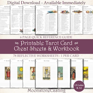 Puede incluir: Una descarga digital con hojas de trucos imprimibles de cartas del tarot y un cuaderno de trabajo. La imagen muestra varias páginas con texto e ilustraciones, incluida una guía de referencia rápida de 6 páginas y 78 hojas de trabajo. El texto incluye "MoonstoneCasting".