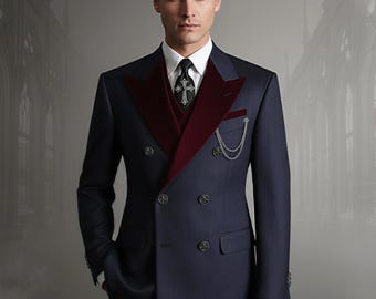 Men's Victorian Gothic Suit, Double Breasted Burgundy Lapel Tuxedo, Wool Blend Pinstripe Formal Outfit