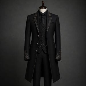 Cappotto lungo gotico vittoriano nero fatto a mano per uomo, cappotto formale da matrimonio ricamato, giacca da sposo gotica, cappotto aristocratico regency