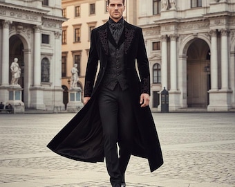 Embroidered Velvet Gothic Overcoat, Victorian Steampunk Trench Coat