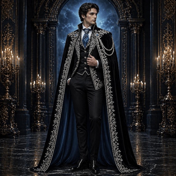 Men’s Black Embroidered Victorian Suit with Cape, Gothic Royal Wedding Tuxedo, Silver Detail Formal Wear, Vampire Prince Cosplay