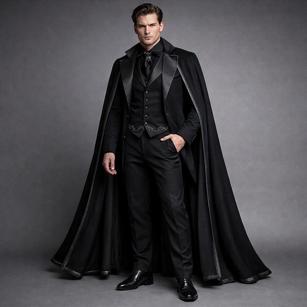 Royal Black Men's Cotton 3 Piece Cape Coat Set, Gothic Victorian