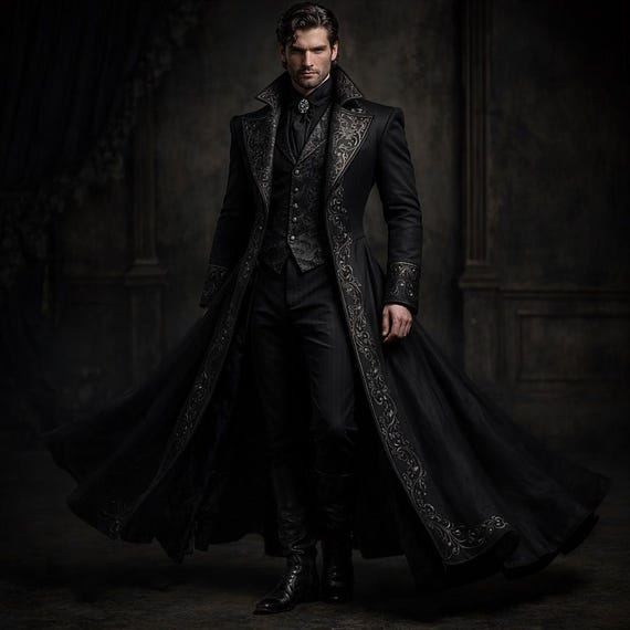 Men’s Black Gothic Tailcoat Suit – Victorian Long Coat, Vampire Aesthetic Wedding Outfit, Luxury Embroidered 3 Piece Menswear