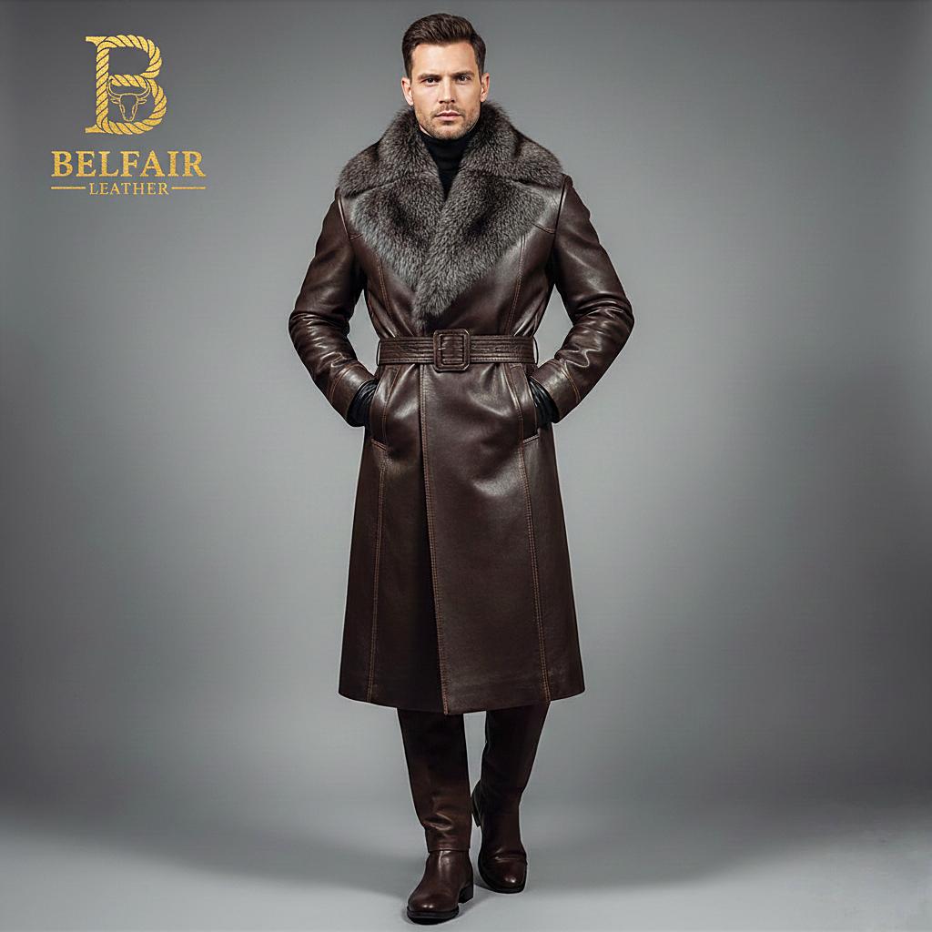 ヴィンテージスタイル ダークブラウン レザーロングコート - フェイク