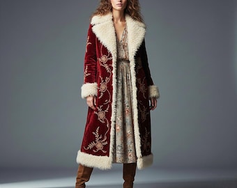 Può includere: Un lungo cappotto in velluto bordeaux con finiture in ecopelliccia color crema su colletto, polsini e bordi. Il cappotto presenta ricami floreali in filo d'oro. La modella indossa un abito a fantasia floreale e stivali marroni.