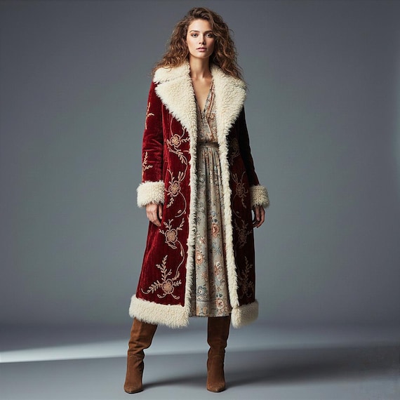Vintage Style Penny Lane Coat - Velvet Boho Embroidered Long 