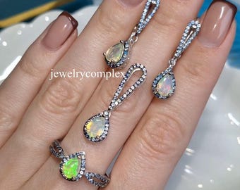 Birthstone Jewelry, 925 Sterling Silver, Natural Ethiopian Opal Ring Pendant, Blue Topaz Earring Set