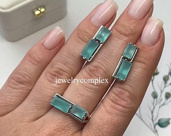 Handgemachtes Schmuckset, 925 Sterling Silber Ring, Grüner Chalcedon Edelstein Ohrring, Geschenk für Sie