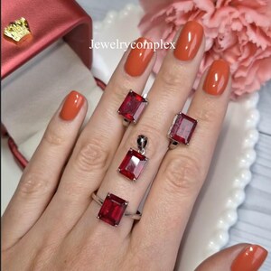 925 Sterling Silver, Synthetic Ruby Gemstone, Handmade Ring, Stud Earring Jewelry Set, Engagement Gift