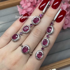 Natural White Topaz Ring, Ruby Gemstone Earring, 925 Sterling Silver, Handmade Jewelry Set