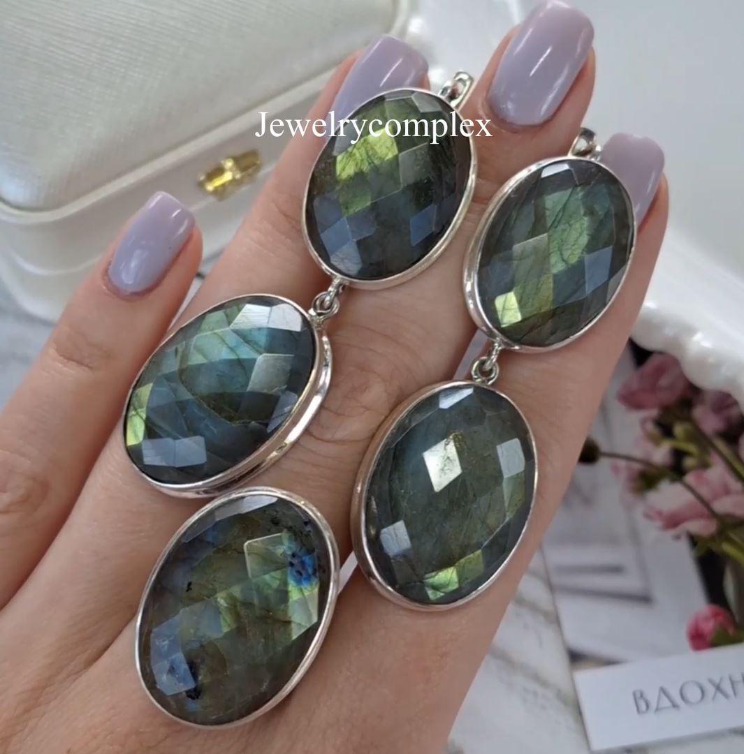 Dangle Drop Earring, 925 Sterling Silver Jewelry Set, Natural Oval Stone, Labradorite Gemstone Ring