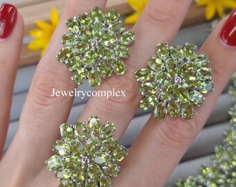 Healing Stone Earring, 925 Sterling Silver Ring, Natural Green Peridot gemstone Jewelry Set