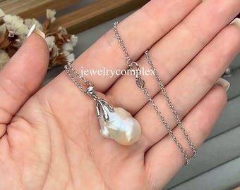 Natural Baroque Pearl Gemstone Pendant, 925 Sterling Silver, handmade Chain necklace, Fine Gift Jewelry