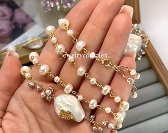Handmade Chain Necklace, Mother of Pearl Gemstone Beaded Dainty Gold Jewelry, 925 Sterling Silver