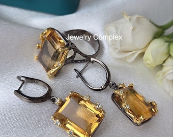 Octagon Cut Stone, 925 Sterling Silver Ring, Natural Brandy Color Citrine Gemstone Earring, Handmade, Jewelry Set, Gift for your Loved Ones