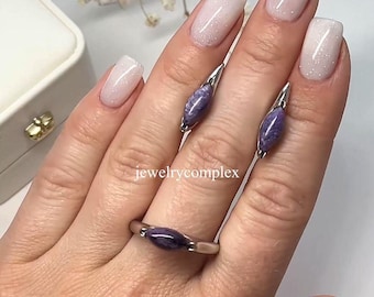 Marquise Cut, Natural Charoite Gemstone, Engagement Band Ring, 925 Sterling Silver Fine Gift Jewelry