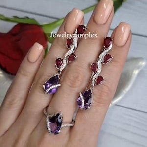 Amethyst Earring, Natural Ruby Gemstone Ring, 925 Sterling Silver White Topaz Jewelry Set