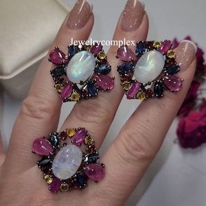 Natural Rainbow Moonstone Earring, Ruby Gemstone Ring, 925 Sterling Silver, Citrine Jewelry Set