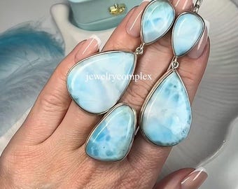Handgemaakte sieradenset, natuurlijke ongelijke larimar edelsteenoorbel, 925 sterlingzilveren ring, verjaardagscadeau