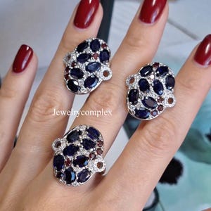 Sapphire Ring, 925 Sterling Silver, Natural White Topaz Stud Earring, Ruby Gemstone Jewelry Set
