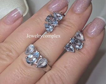 Natural Blue Topaz Gemstone Jewelry Set, Topaz Stud Earring, Handmade Ring, 925 Sterling Silver