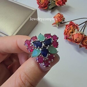Friendship Gift Band Ring, Natural Sapphire, Emerald & Ruby Gemstone , 925 Sterling Silver Jewelry
