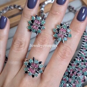 Emerald Gemstone Jewelry Set, 925 Sterling Silver, Natural Ruby Stud Earring, Blue Sapphire Ring