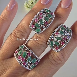 Natural Emerald Gemstone Jewelry Set, 925 Sterling Silver, Ruby Ring, Handmade Earring, Engagement Gift