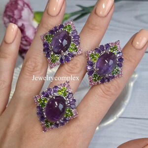 Natural Chrome Diopside Gemstone Ring, Amethyst Ruby Gemstone Earring, 925 Sterling Silver Jewelry Set
