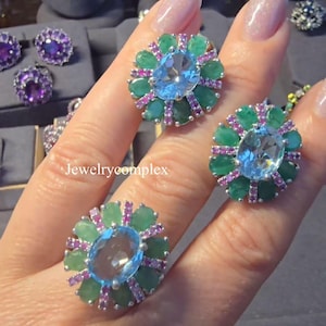 Natural Blue Topaz Jewelry Set, Emerald Stud Earring, Ruby Gemstone Ring, 925 Sterling Silver