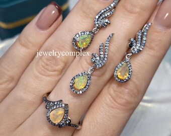 Ethiopian Opal Ring Earring Jewelry Set, Natural Blue Topaz Pendant, 925 Sterling Silver, Gift Her