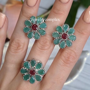 Floral Jewelry Set, Natural Emerald/Ruby/Gemstone Ring Earring, 925 Sterling Silver