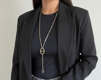 Long necklace in marine mesh, gold-plated stainless steel – Minimalist Y-shaped necklace for women – Trendy tie necklace
