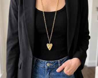 Hammered Gold Heart Long Necklace – Elegant Women's Jewelry