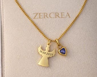 Personalized Angel Necklace in 14K Stainless Steel – Angel Pendant Engraved with Name or Date – Symbolic Gift