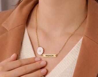 Personalized Name Necklace with Daisy Flower Design in 14k Stainless Steel, Engraved Name Necklace for Women, Birthday Gift for Women, Personalized Jewelry