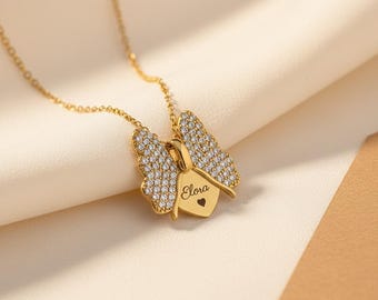 Personalized rhinestone butterfly necklace, gold or silver, gift for women